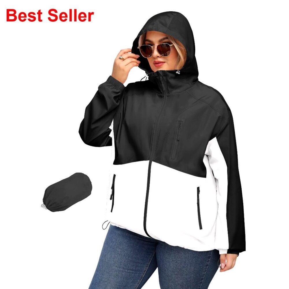 Plus Size Waterproof Rain Jacket with Hood Lightweight Packable Trench Coat